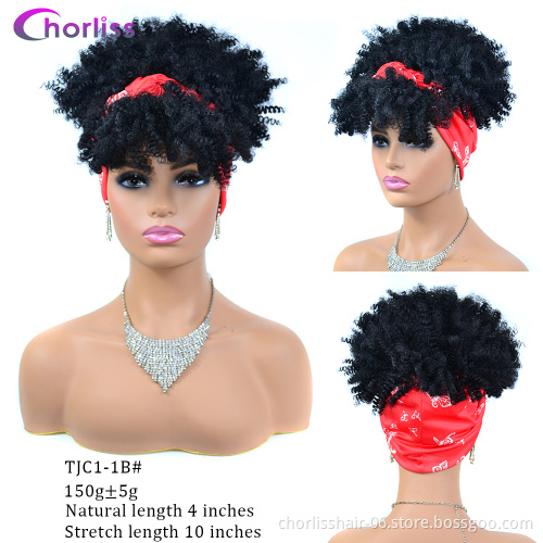Wholesale Ombre Grey Kinky Curly Turban Fluffy Afro Wig Short Headband wig Synthetic Wig With Headband Attached For Black Women